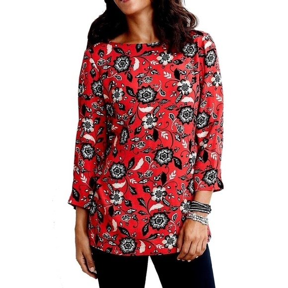 J. Jill Tunic Top Red Floral Filigree Viscose Rayon Boat Neck Keyhole Back - Picture 14 of 16
